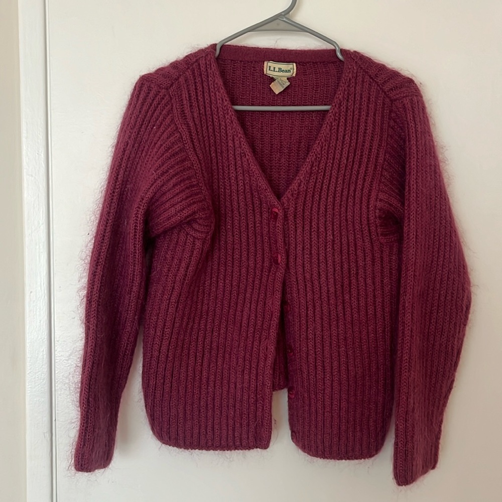 L.L. Bean Burgundy Ribbed Mohair-Blend Cardigan